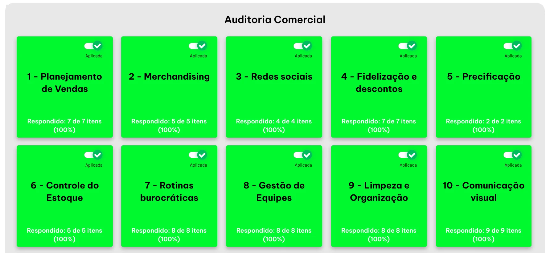 Checklist da Auditoria Comercial: planejamento de vendas, merchandising, redes sociais, precificação e mais, todos 100% respondidos